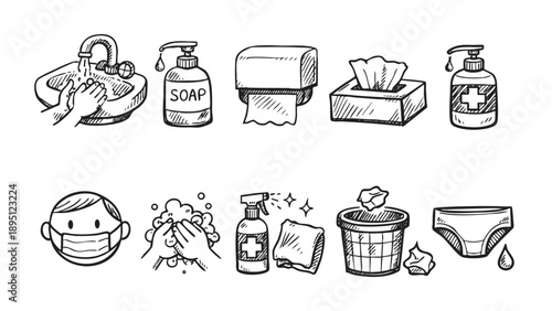 Hand drawn illustration showing hand washing, sanitizing, mask use, and cleaning supplies, ideal for educational, hygiene, or health-related content.