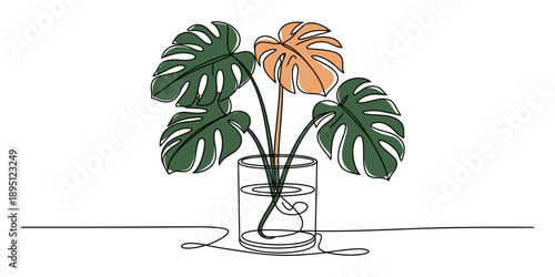 Continuous line drawing of a monstera plant in a vase with green and orange leaves Vector, illustration