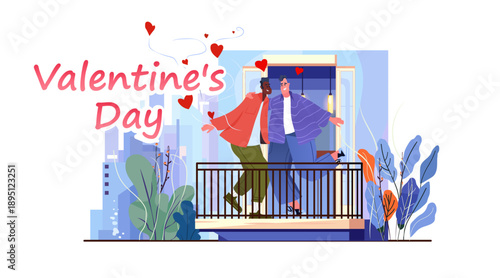 Senior couple Valentine Day celebration romance balcony embrace city plants colorful flat design