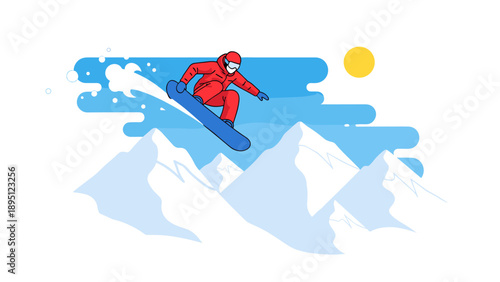 Dynamic snowboarder in red suit jumping over snowy mountains in flat design