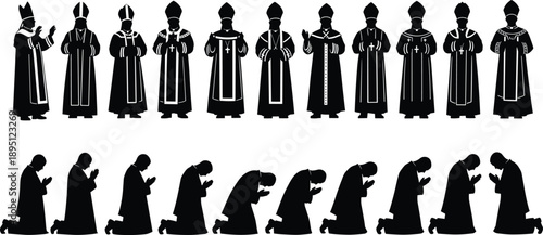 Silhouette Vector Illustration of Catholic Bishops and Priests in Traditional Vestments Standing and Kneeling in Prayer and Devotional Worship Service