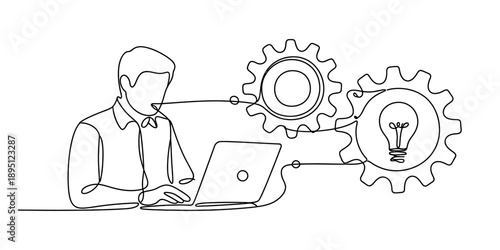 A continuous line drawing of a person using a laptop to generate innovative ideas Vector, illustration