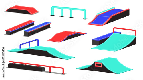 Colorful modern skate park elements in isometric design for urban sport