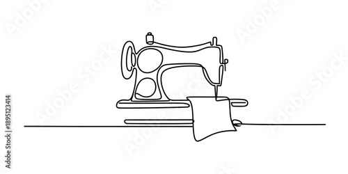 Continuous line art illustration of a classic sewing machine and fabric Vector, illustration