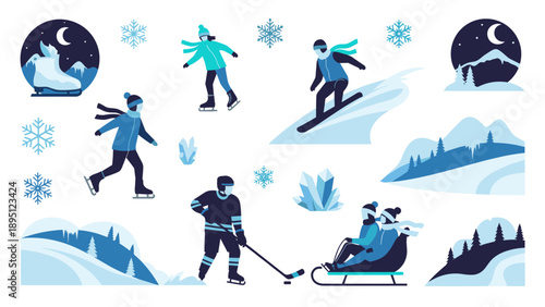 Winter sports and activities in flat design with snowy landscapes and ice skating scenes