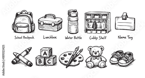 Hand-drawn collection of school items: backpack, lunchbox, water bottle, cubby shelf, name tag, crayons, blocks, palette, teddy bear, shoes on white. Back to school concept.