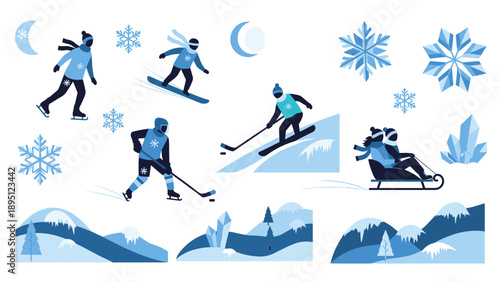 Winter sports activities in flat style with snowflakes and landscapes