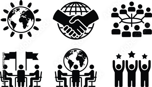 Essential global business and team collaboration icons showing worldwide partnerships on white background