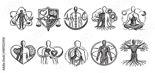 Collection of sketch icons on white background, showing holistic health, wellness, mind-body connection concepts. Perfect for health, wellness, and medical related projects.
