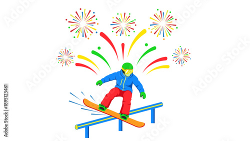 Colorful winter sports celebration with snowboarder and fireworks display