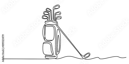 Minimalist continuous line drawing of golf clubs in a bag, representing the sport Vector, illustration
