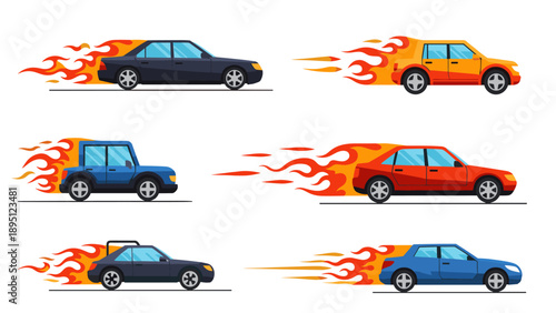 Set of stylized cars with speed flames in dynamic cartoon design