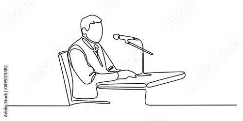Continuous line drawing of a speaker at a podium with a microphone Vector, illustration