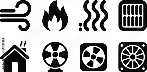 Essential black glyph icons representing heating, ventilation, and air movement elements on a white background