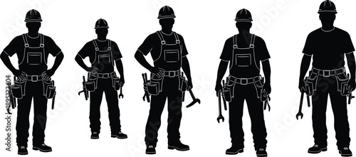Construction Worker Silhouette Set Collection of Skilled Labor Men Wearing Tool Belts Safety Helmets Industry Job Icons Isolated Vector Illustration