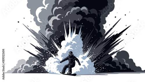 Dynamic snowboarder in explosive alpine scene with dramatic smoke illustration