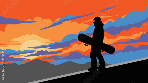 Snowboarder silhouette at sunset with vibrant mountain background
