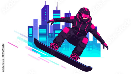 Futuristic snowboarder performing jump in neon urban cityscape