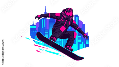 Futuristic neon snowboarding in urban skyline background