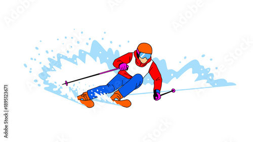 Dynamic skier carving through snow in vibrant graphic style