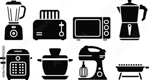 Essential kitchen household appliance icon set displayed as clean black silhouettes on a white backdrop