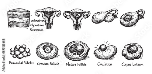 Hand drawn illustration of the female reproductive system and ovarian cycle stages, perfect for medical or educational purposes.