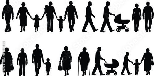 Family Silhouette Set Collection of Parents Children Walking Together Baby Stroller Elderly People Life Icons Isolated Vector Illustration