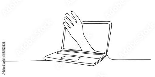 Continuous line art illustrating a hand reaching out from a laptop screen, representing virtual connection Vector, illustration