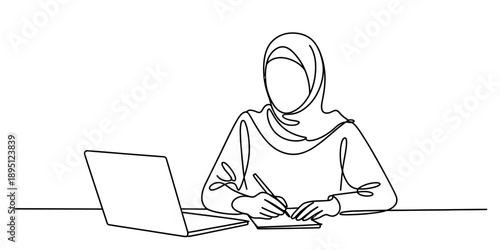 Continuous line drawing of a muslim woman working on laptop and writing notes Vector, illustration