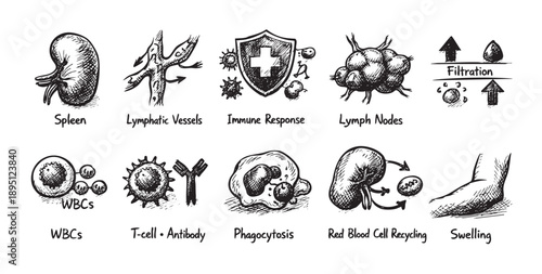 Line art illustration depicting spleen, immune response, lymph nodes, lymphatic vessels, white blood cells, antibodies, phagocytosis, red blood cell recycling and swelling.
