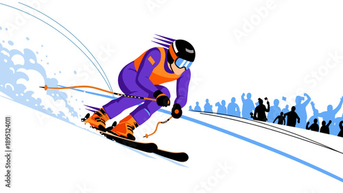 Dynamic skiing action with vibrant colors and energetic crowd background