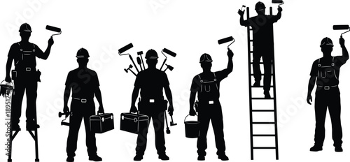 House Painter Worker Silhouette Set Collection of Construction Painting Men with Tools Ladder Job Icons Isolated Vector Illustration