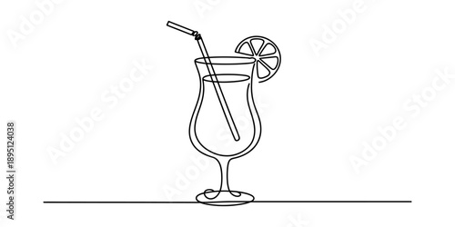 Continuous line drawing of a cocktail glass with a straw and lemon slice garnish Vector, illustration