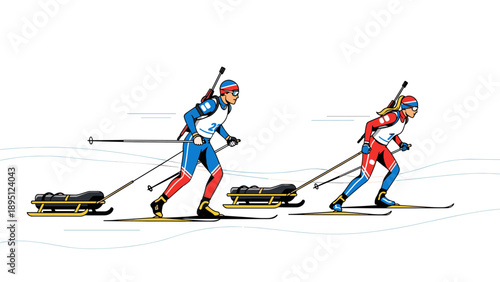 Biathlon athletes skiing with rifles and sleds in dynamic motion