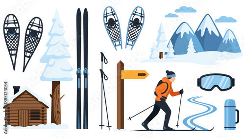 Winter ski adventure with gear and snowy mountain landscape