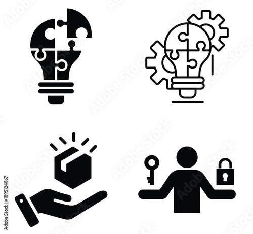 Problem Solving and Business Innovation Icons Set – Idea, Puzzle Brain, Security and Solution Vector