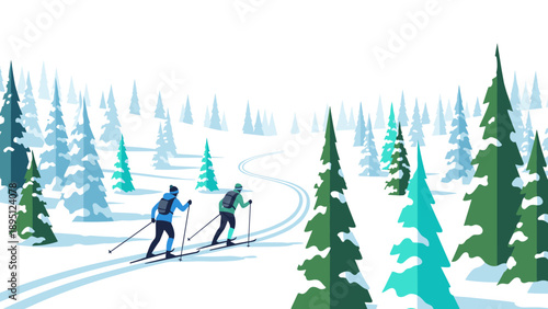 Cross country skiing adventure in winter landscape with pine trees