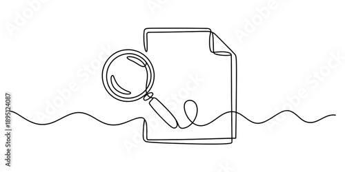Minimalist design illustration of a magnifying glass on a document in continuous line style Vector, illustration