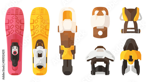 Flat design ski and snowboard bindings set: modern winter sports equipment collection