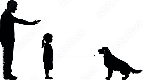 Father Teaching Daughter to Interact with Dog Silhouette; Man and Child Training Golden Retriever (Canis lupus familiaris) Pet Behavior Concept.
