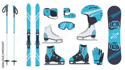 Winter sports equipment collection featuring skiing and snowboarding gear in blue and white