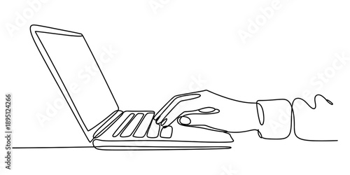 Continuous line drawing of a person typing on a laptop computer keyboard Vector, illustration