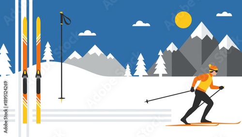 Cross country skiing adventure in winter mountains with skier and equipment