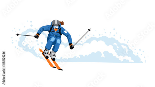 Dynamic skiing action with snow trail and modern gear