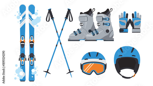 Winter sports equipment: ski gear collection in blue and gray flat design