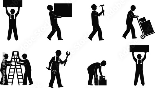 Manual Labor Worker Silhouette Set Collection of Construction Handling Repair Poses with Tools Industry Job Icons Isolated Vector Illustration