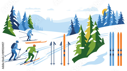 Winter mountain scene with skiers and evergreen trees in flat design