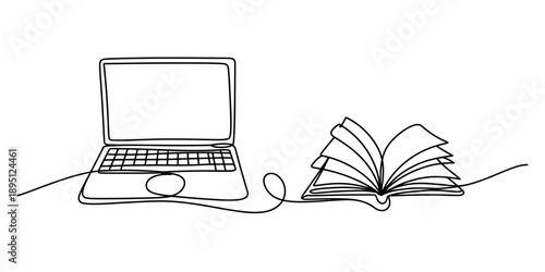 A continuous line drawing connecting a laptop and an open book Vector, illustration