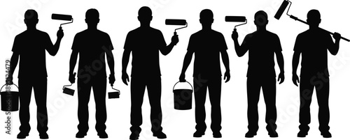 Painter Worker Silhouette Set Collection of Professional House Painting Men with Rollers Buckets Job Icons Isolated Vector Illustration