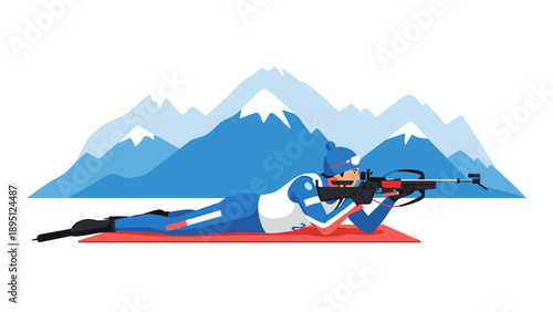 Biathlon athlete aiming in winter landscape with snowy mountains